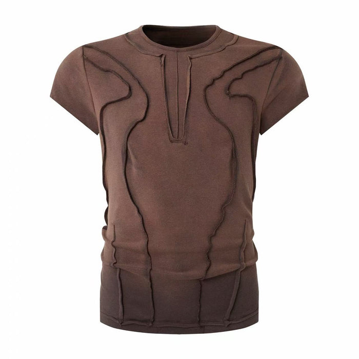 Brown avant-garde cotton tee with sculpted raw seam paneling and a fitted short-sleeve silhouette