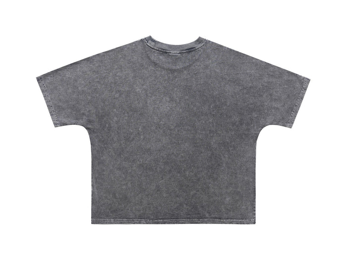 Vintage wash oversized gray graphic tee with relaxed fit and faded mineral-dyed texture