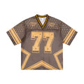 Omirad Retro Star 77 mesh jersey t-shirt in brown and gold with star panel and distressed number 77 graphic
