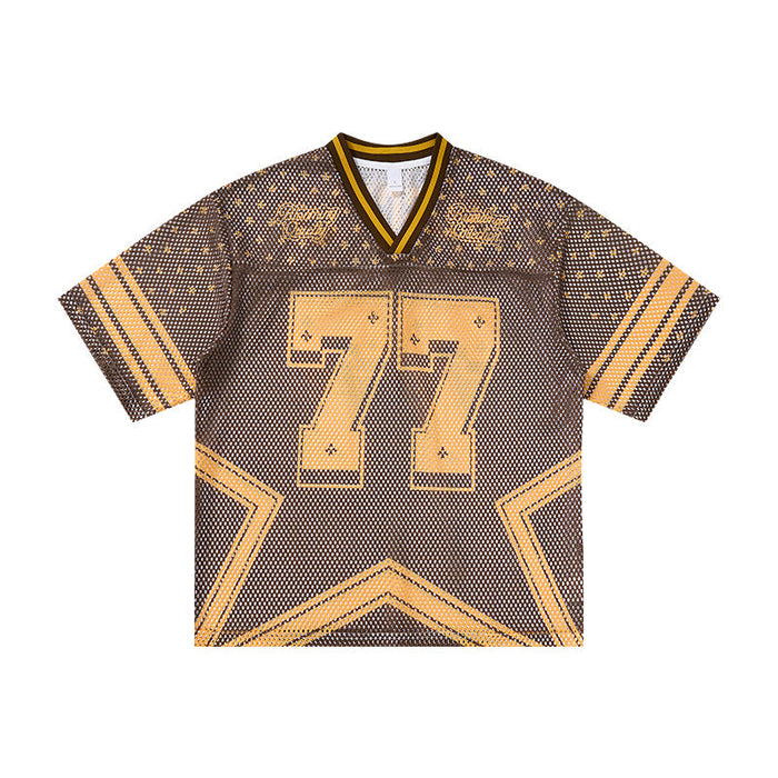 Omirad Retro Star 77 mesh jersey t-shirt in brown and gold with star panel and distressed number 77 graphic