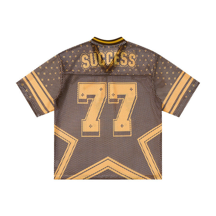 Brown mesh jersey T-shirt with gold star graphics, large 77 print, and SUCCESS lettering on the back