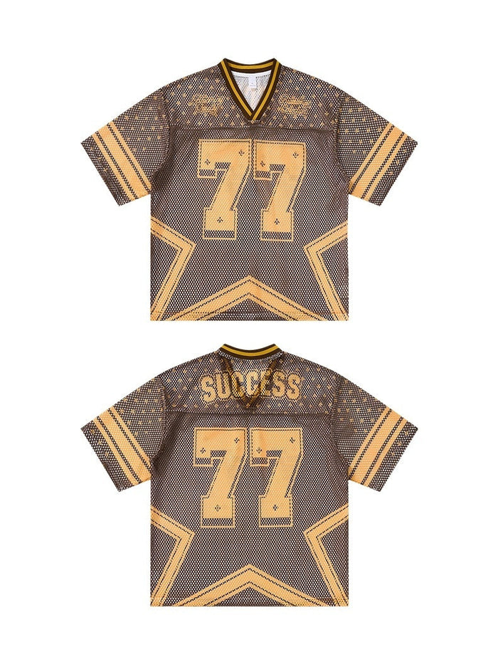 Brown and gold mesh jersey T-shirt with oversized 77 star graphic and SUCCESS lettering on the back