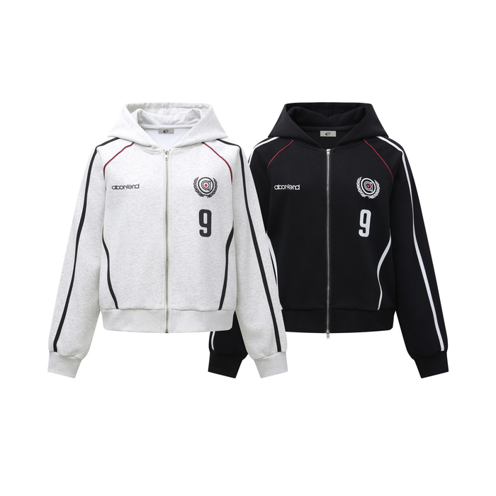Omirad Retro Track Zip Hoodie in light grey and black with contrast piping, embroidered logo, and number 9 patch