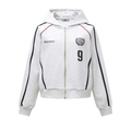Light gray zip-up hoodie front view with hood, black sleeve stripes, and large chest number 9