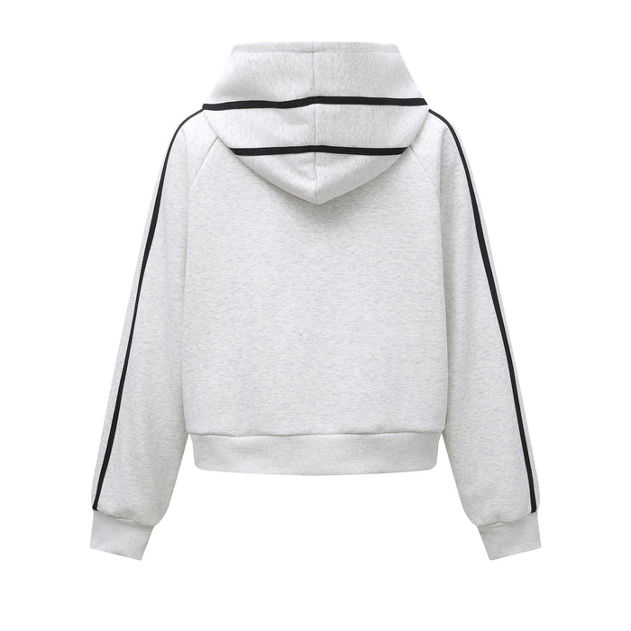 Light gray hoodie back view with hood, black shoulder stripes, and ribbed hem