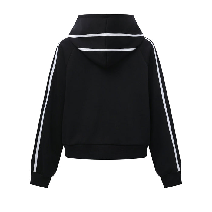 Black hoodie back view with white shoulder stripes and black-and-white sleeve trim
