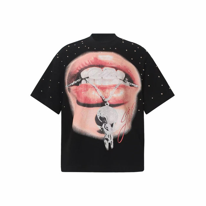 Black oversized T-shirt with rhinestone-studded lip graphic and chain necklace design on the front
