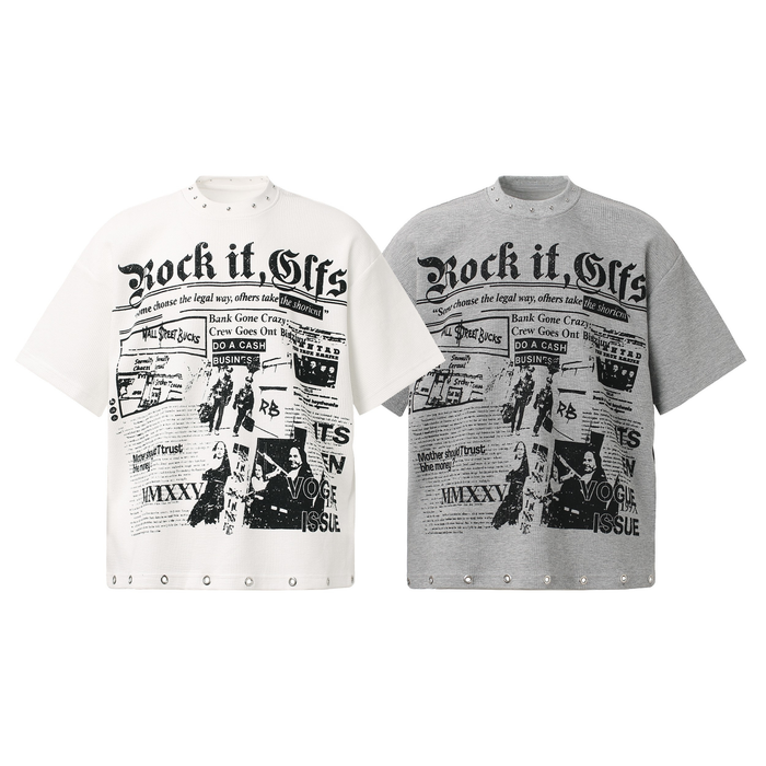 Omirad Rock It Graphic Tee in off-white and grey with gothic collage print and metal eyelet hem detail