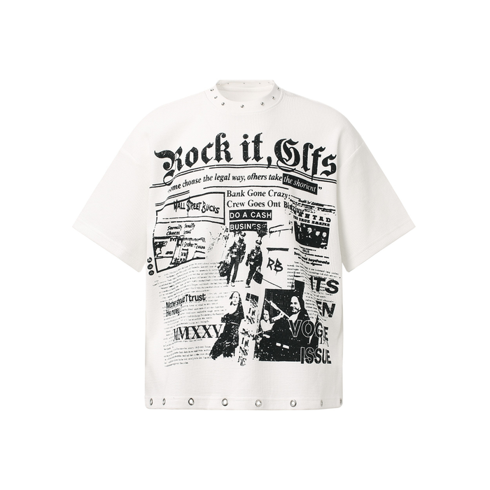 White oversized graphic tee with black gothic collage print and studded collar and hem detail