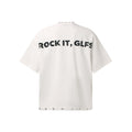 White graphic tee with distressed ROCK IT, GLFS print and metal grommet details on hem and neckline
