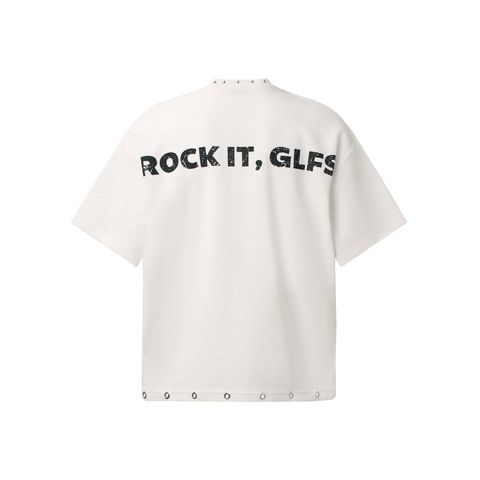 White graphic tee with distressed ROCK IT, GLFS print and metal grommet details on hem and neckline