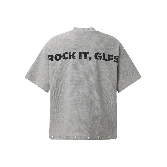Gray waffle-knit graphic tee with black Rock It, GLFS print and studded neckline and hem details