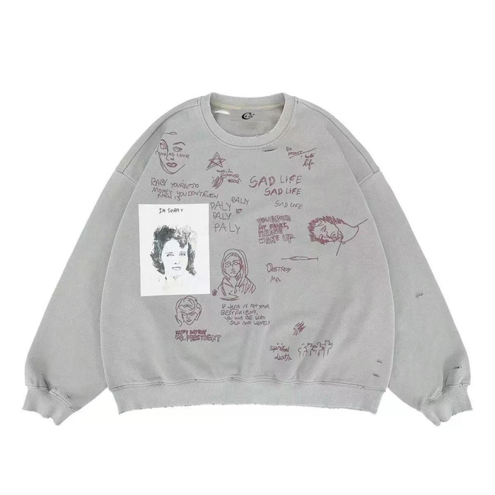 Omirad Sad Life oversized sweatshirt in washed khaki with hand-drawn doodle and handwritten text prints in maroon