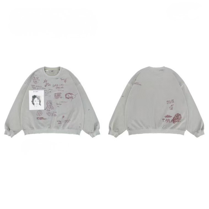 Light gray oversized sweatshirt shown front and back with handwritten sad-life graphics
