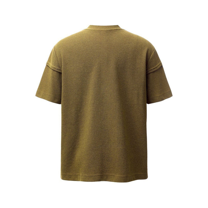 Olive brown waffle knit streetwear T-shirt with relaxed fit and textured short sleeves, back view