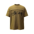 Olive waffle knit streetwear T-shirt with black script logo and relaxed short sleeves