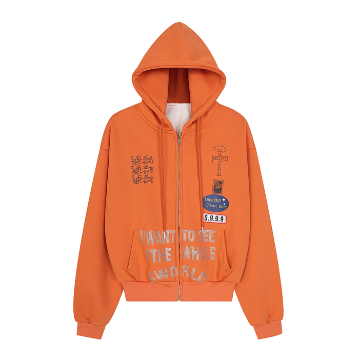 Orange zip-up hoodie with graphic prints and rhinestone text, front view