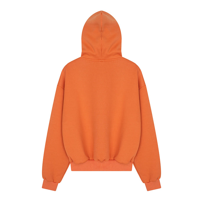 Orange zip-up hoodie shown from the back with plain hood and ribbed hem