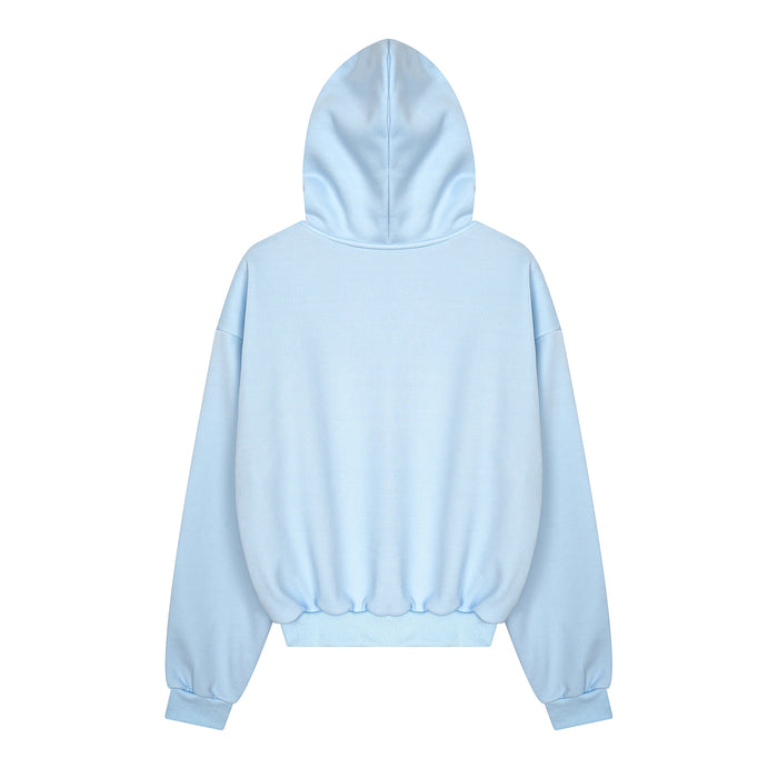 Light blue zip-up hoodie shown from the back with plain hood and ribbed hem