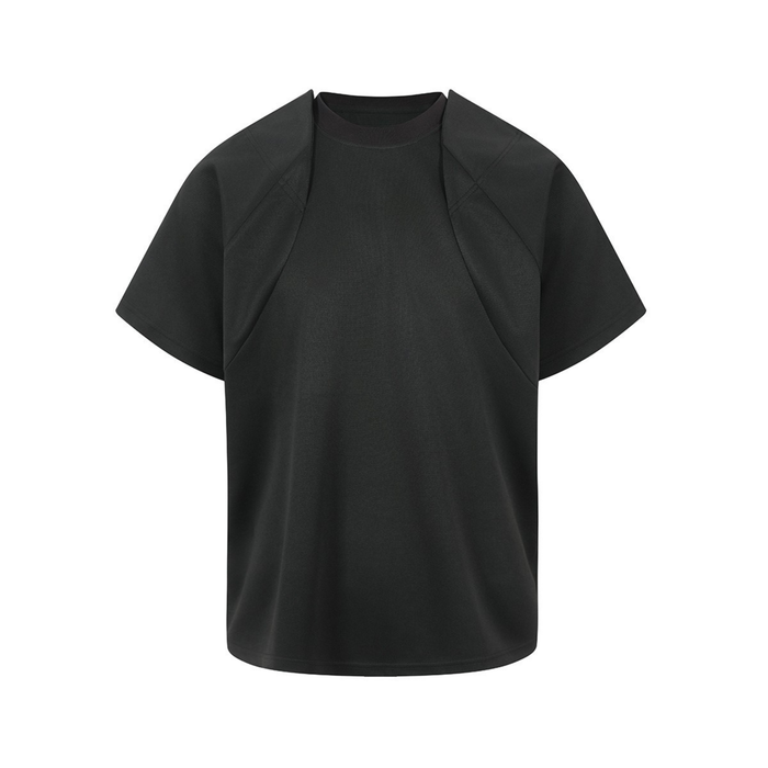 Matte black oversized tech T-shirt with structured shoulders and short sleeves on a white background