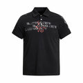 Black polo shirt with distressed Sk8tepark Crew graphic print and short sleeves on a clean white background