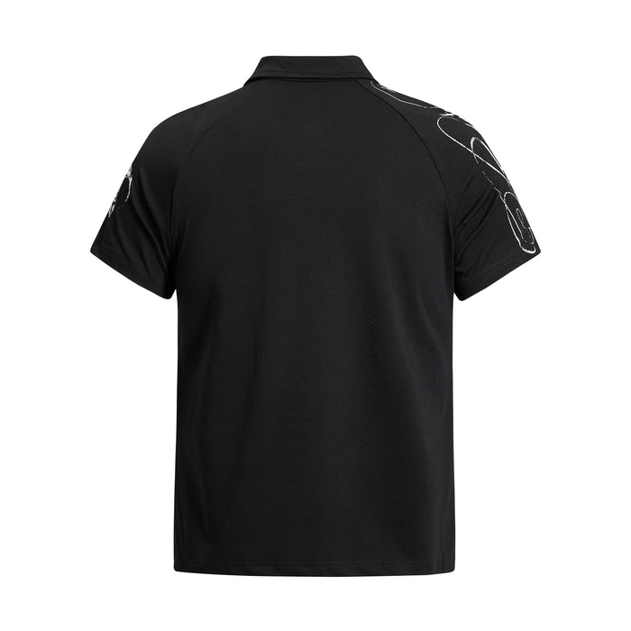 Black short sleeve polo shirt with distressed white graphic print on the shoulders and back, shown from the rear