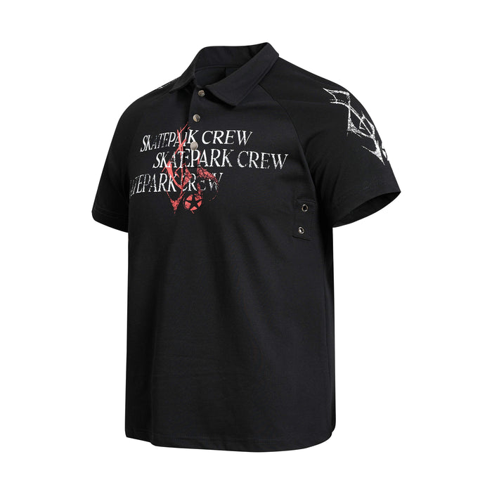 Black distressed graphic polo shirt with skatepark crew print and white-red abstract lettering, short sleeves, and collar