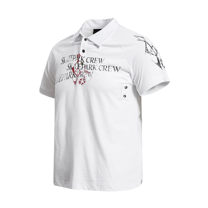 White distressed polo shirt with skatepark crew graphic and black-red print on the chest and sleeve