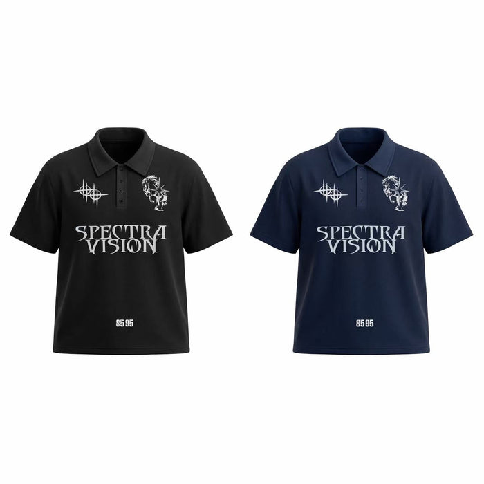 Omirad Spectra Vision Polo Tee in black and navy with gothic typography and lion chest graphic, front flat lay view