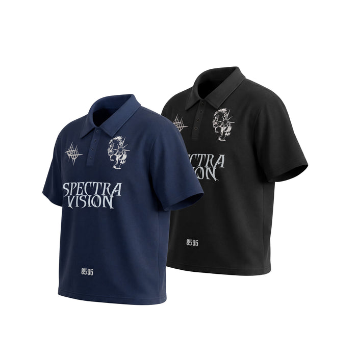 Seakoff Spectra Vision graphic polo tees in navy and black with bold chest prints and streetwear style