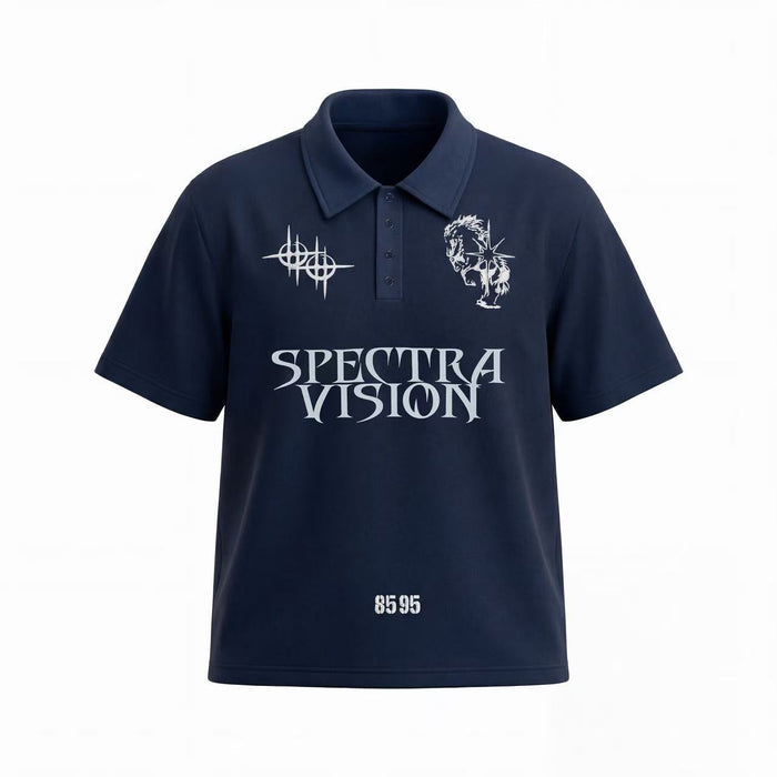Navy short-sleeve graphic polo tee with Spectra Vision print and white abstract chest designs