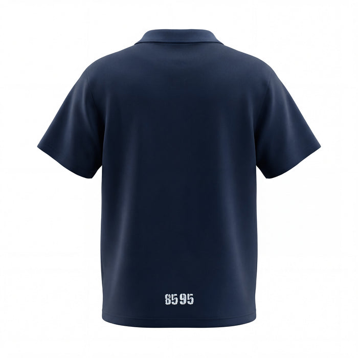 Navy short sleeve polo tee with clean back view and white 8595 graphic near the hem
