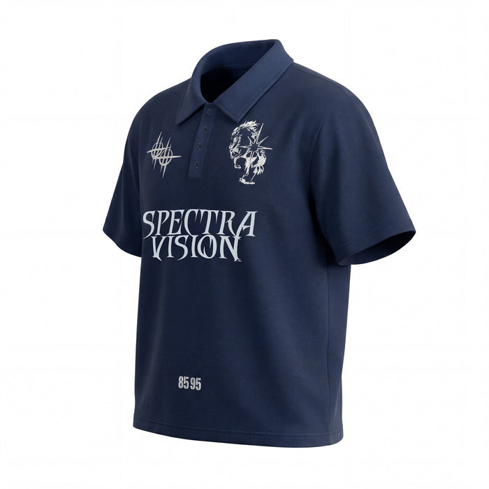Navy graphic polo tee with abstract white print, Spectra Vision text, and short sleeves on a clean white background
