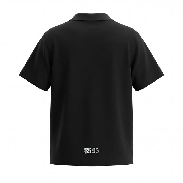 Black short-sleeve polo tee with clean back view and bold 8595 graphic near the hem, streetwear cotton style