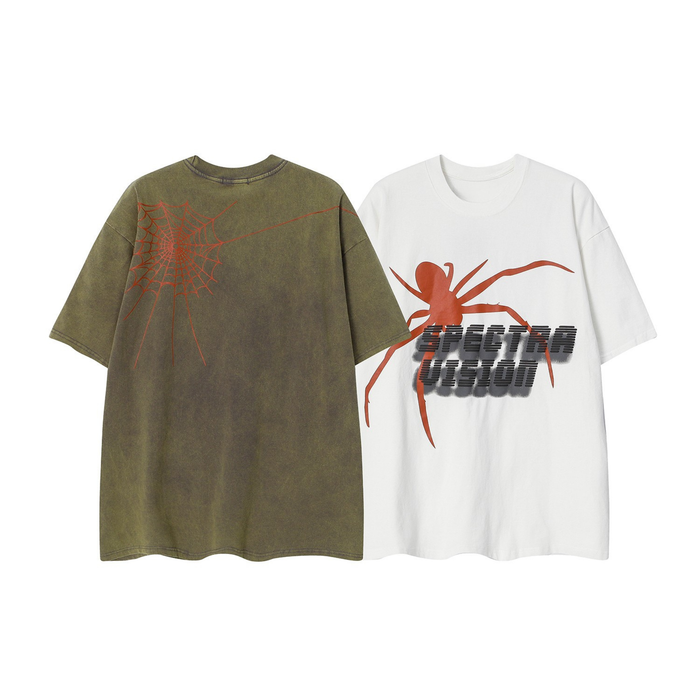 White oversized graphic tee with red spider illustration and Spectra Vision bold text print on the front
