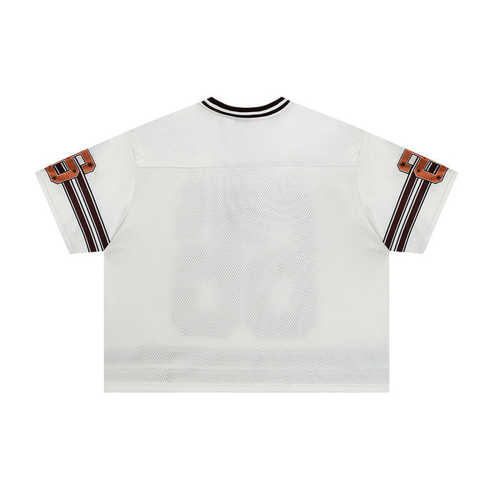 White mesh varsity jersey with striped sleeves and star patch details on a streetwear athletic top