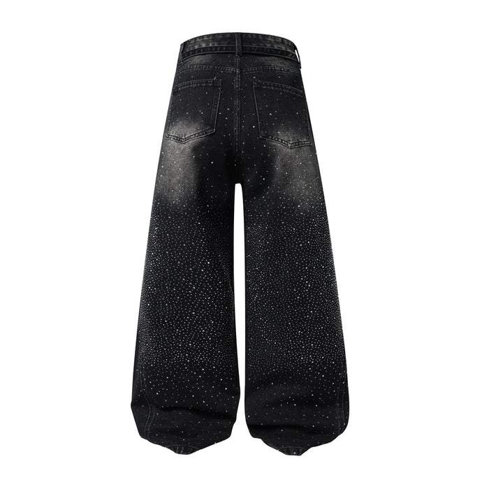 Back view of black wide-leg jeans with rhinestone speckles and patch pockets