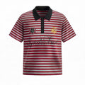 Red and grey horizontal striped men's polo tee with black collar, embroidered crest badge, gold equestrian emblem, and cursiv