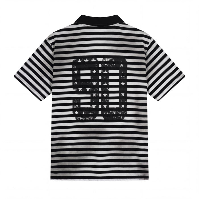 Black and grey striped polo tee with short sleeves and large distressed crest graphic on the back