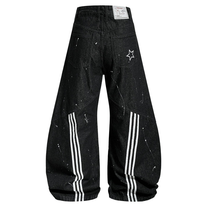Back view of black wide-leg jeans with white triple side stripes and star patch
