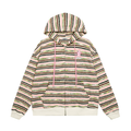 Front view of striped knit zip hoodie with pink drawstrings and chest star patch