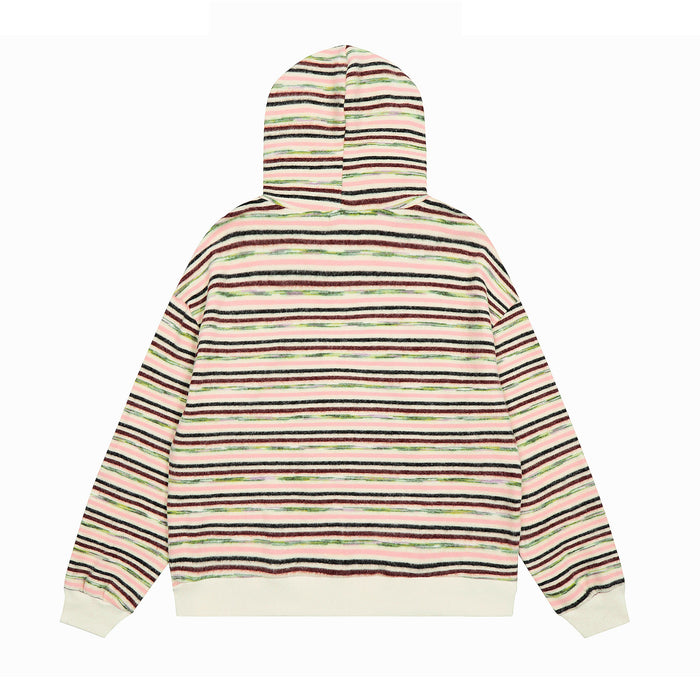 Back view of striped knit zip hoodie with multicolor horizontal stripes and cream hem