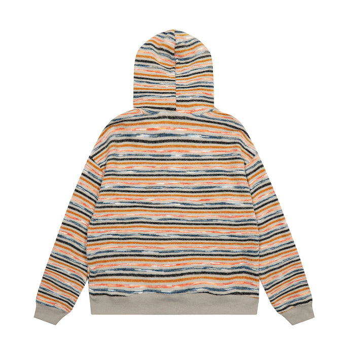 Back view of striped knit zip hoodie in orange, blue, and black with cream ribbed hem