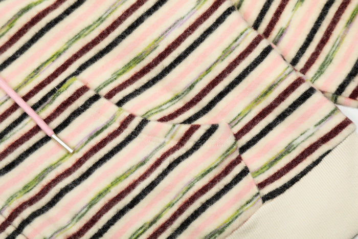 Close-up of front kangaroo pocket and zipper on striped knit hoodie