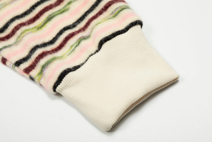 Close-up of cream ribbed cuff on striped knit hoodie sleeve