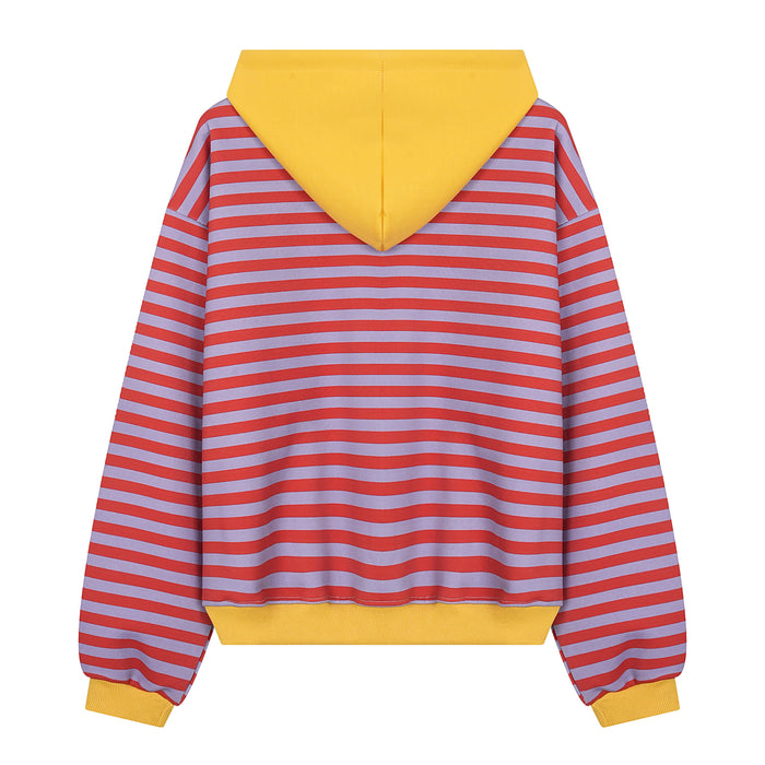 Back view of striped zip-up hoodie with yellow hood, cuffs, and hem