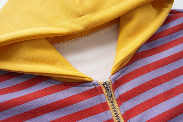 Close-up of yellow hood lining and zipper at the neckline