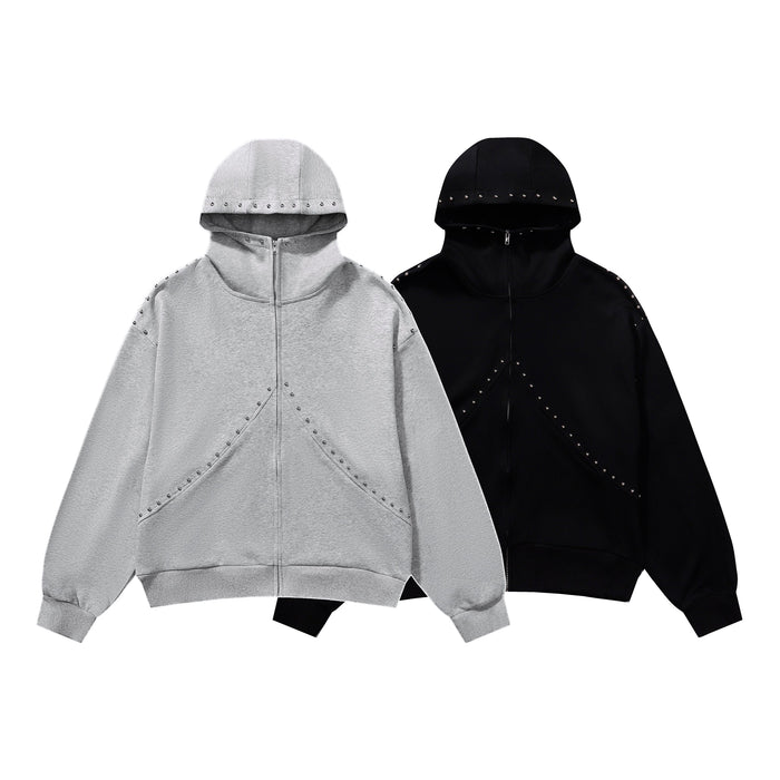Omirad Studded Arc Zip Hoodie in heather grey and black, front view showing metal stud arc panel detailing and full-zip closu