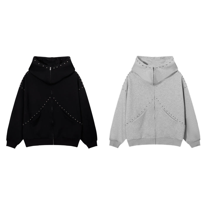 Black and gray zip hoodies with metal studs along the hood, shoulders, and arc seams