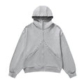 Gray zip hoodie front view with studded hood, shoulders, and curved front seams
